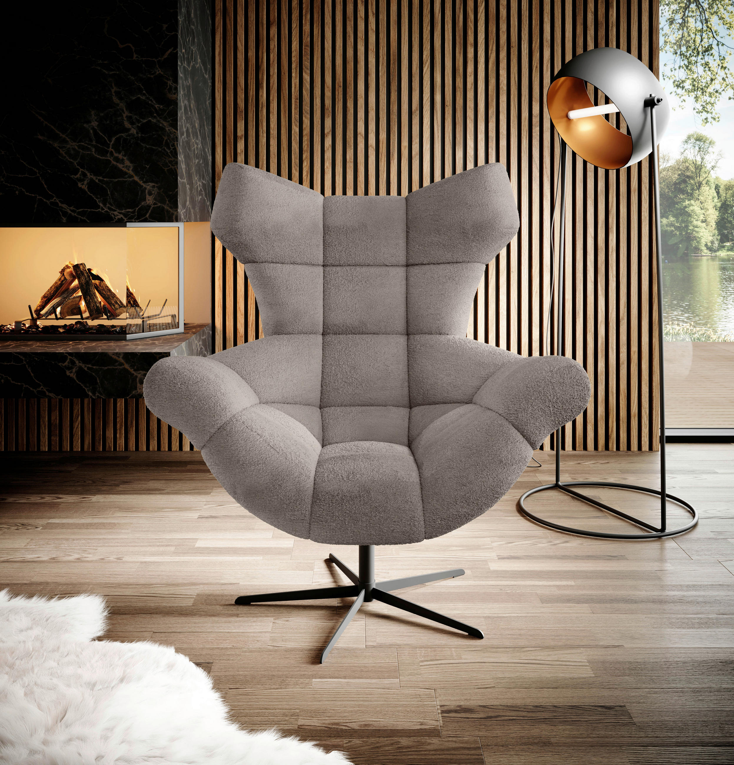 OHRENSESSEL Chenille Greige  - Greige/Schwarz, Design, Textil/Metall (103/119/84cm) - home24