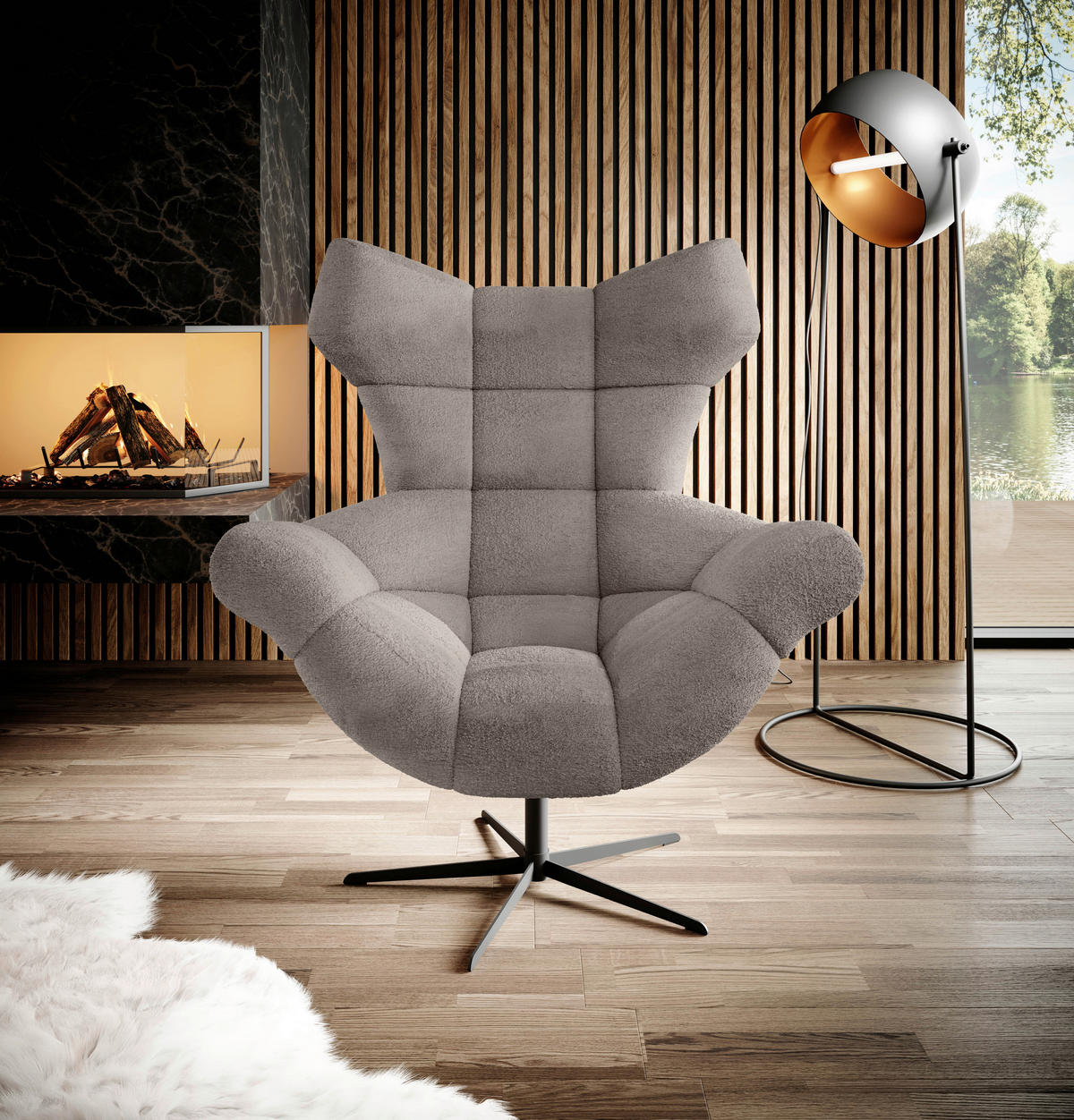 OHRENSESSEL Chenille Greige  - Greige/Schwarz, Design, Textil/Metall (103/119/84cm) - home24