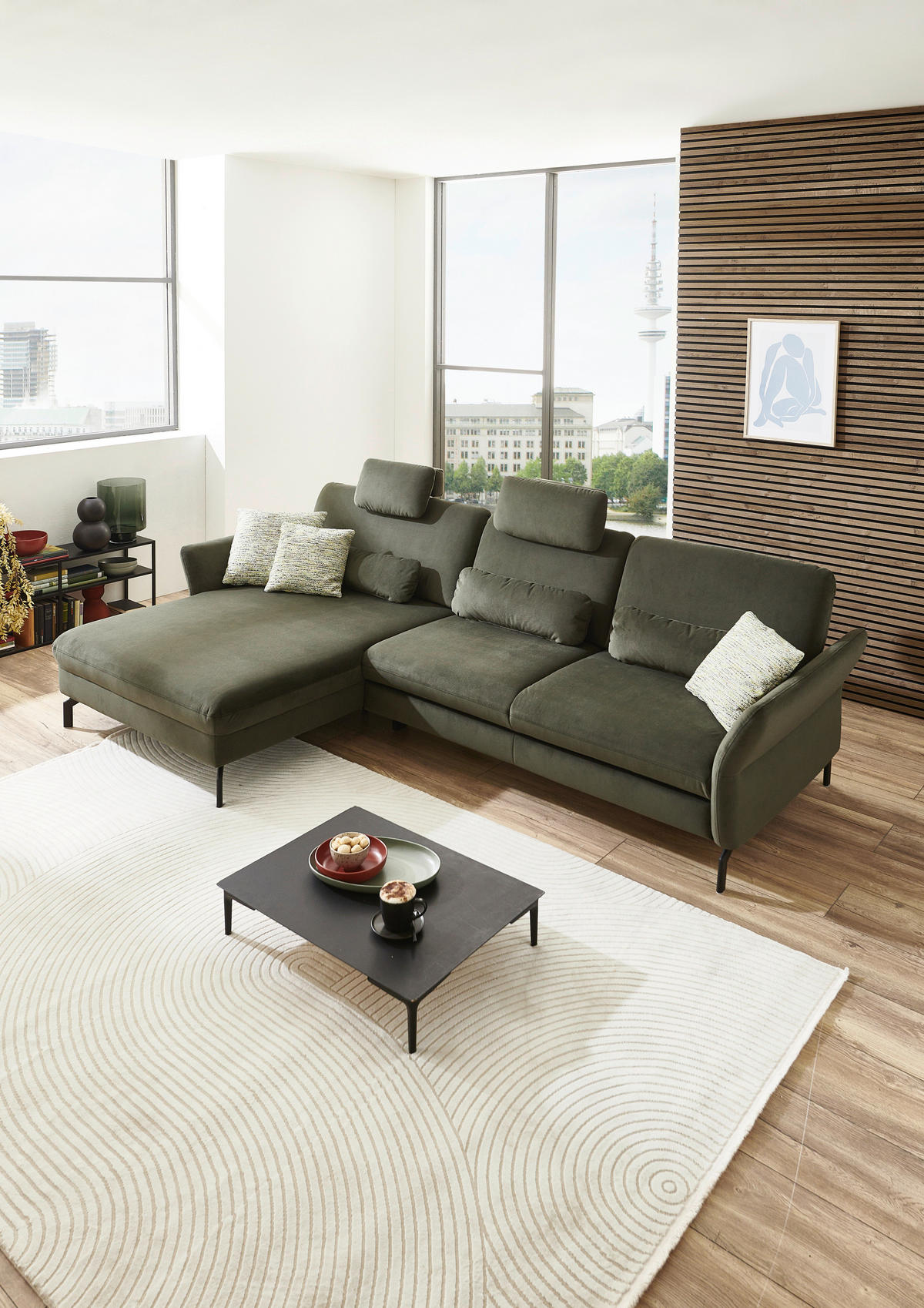 ECKSOFA in Velours Olivgrün  - Schwarz/Olivgrün, Design, Textil/Metall (179/306cm) - Beldomo System
