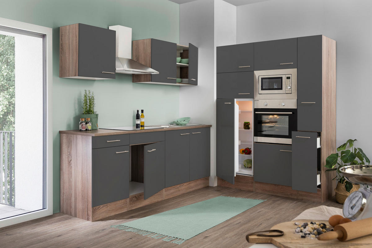 KÜCHENBLOCK 360 cm   in Grau, Eichefarben  - Edelstahlfarben/Eichefarben, Design, Holzwerkstoff/Metall (360cm) - Respekta