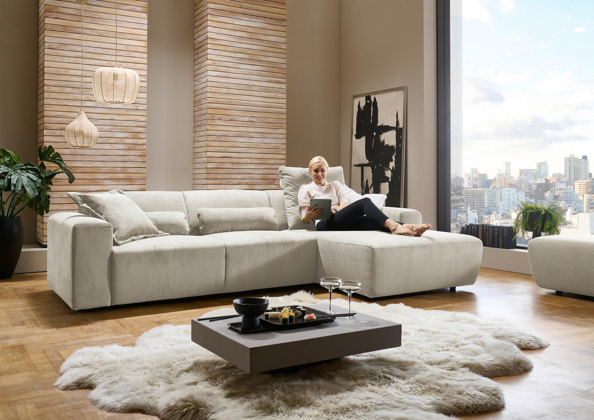 ECKSOFA Naturfarben Feincord  - Schwarz/Naturfarben, Design, Kunststoff/Textil (302/174cm) - Beldomo Style