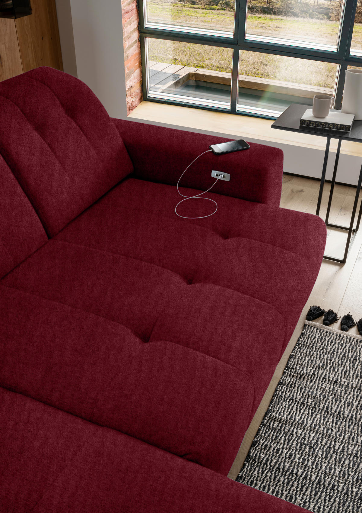 ECKSOFA in Mikrofaser Bordeaux  - Bordeaux/Schwarz, Modern, Textil/Metall (180/258cm) - Livetastic