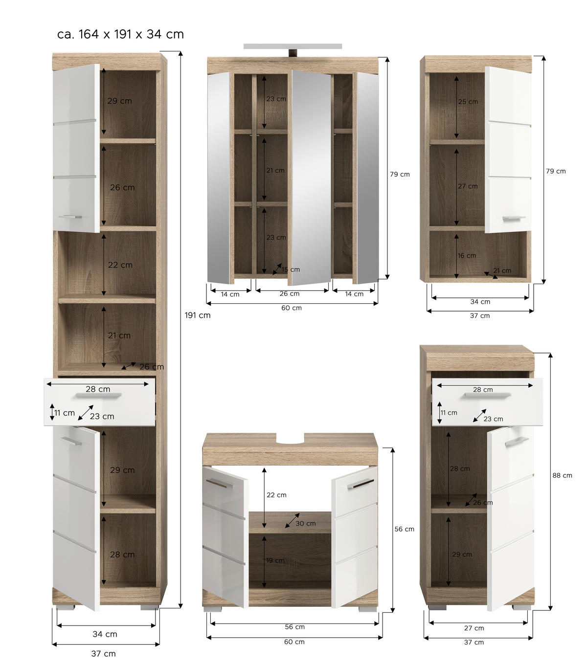 BADEZIMMER 5-teilig  in 134 cm  - Weiß Hochglanz/Silberfarben, MODERN, Glas/Holzwerkstoff (134cm) - MID.YOU
