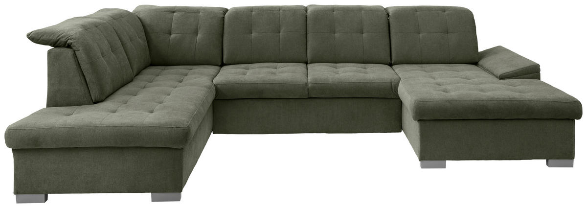 WOHNLANDSCHAFT in Chenille Dunkelgrün  - Chromfarben/Dunkelgrün, Modern, Kunststoff/Textil (212/330/169cm) - Livetastic