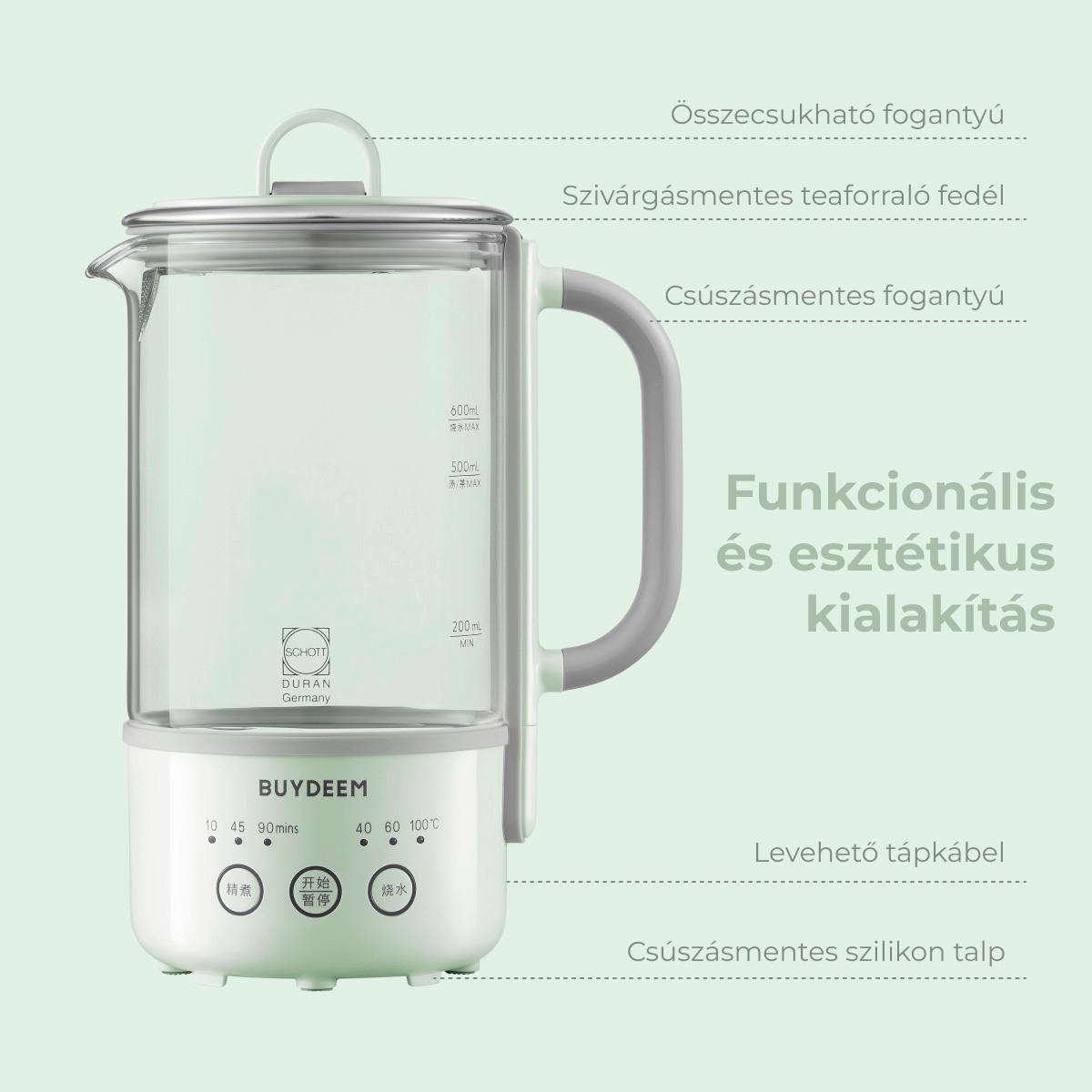 Többfunkciós italkészítő - pasztellzöld, Basics, Üveg (19/16/26cm) - BUYDEEM