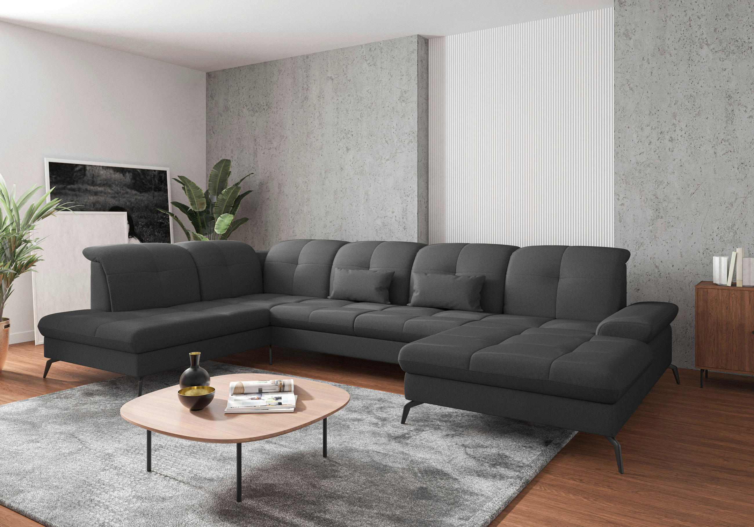 WOHNLANDSCHAFT in Flachgewebe Dunkelgrau  - Dunkelgrau/Schwarz, Konventionell, Textil/Metall (231/357/185cm) - Sit & More