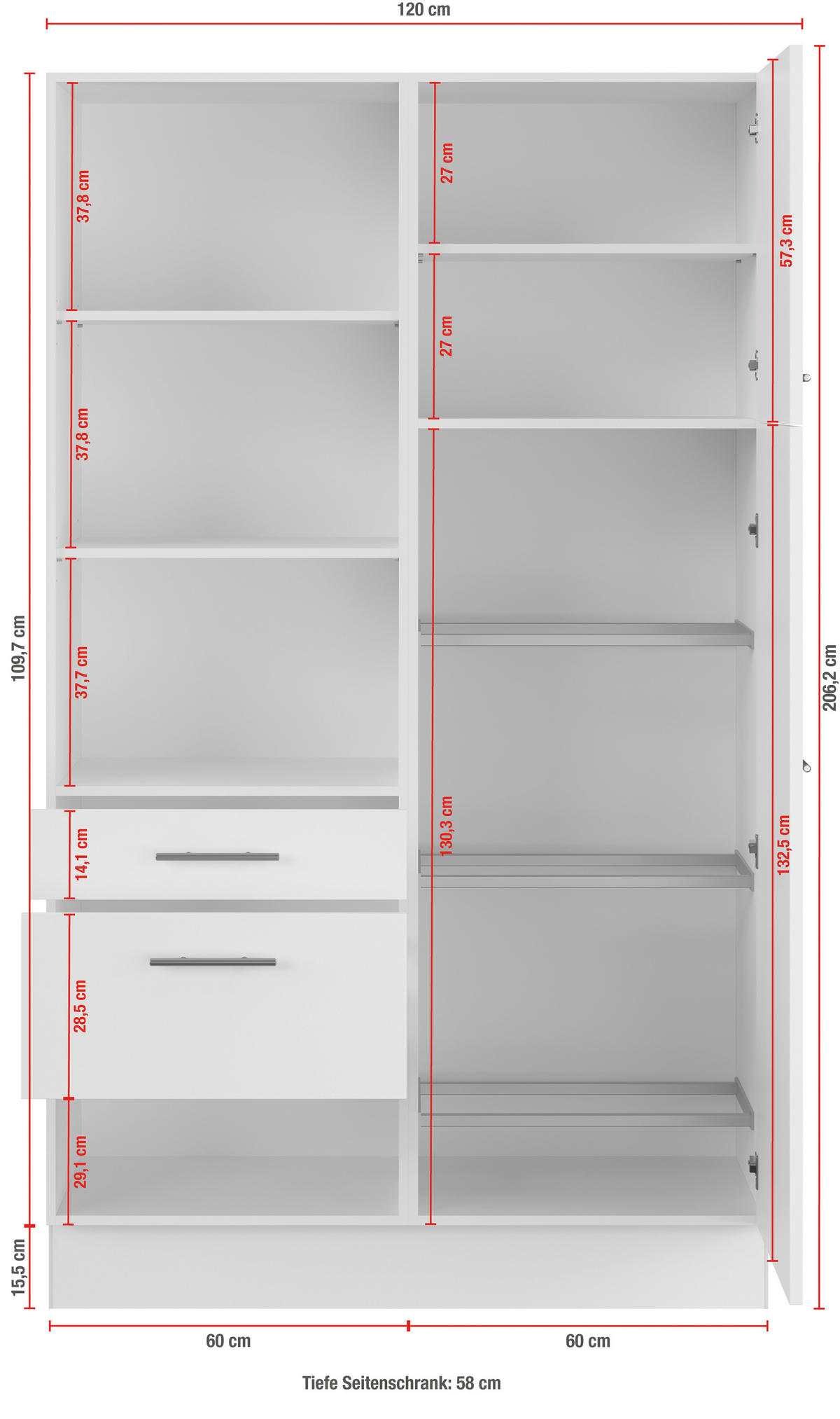 MEHRZWECKSCHRANK 120/206,2/58 cm  - Hellgrau/Schwarz, Basics, Holzwerkstoff/Metall (120/206,2/58cm) - Impuls