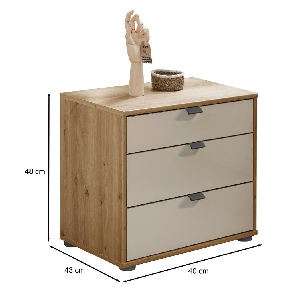 Thumbnail - Dieter Knoll Nachtschrank, Champagner, Eiche Bianco, Metall, 3 Schubladen, 40x48x43 cm, ISO 9001, Goldenes M, Made in Ge...