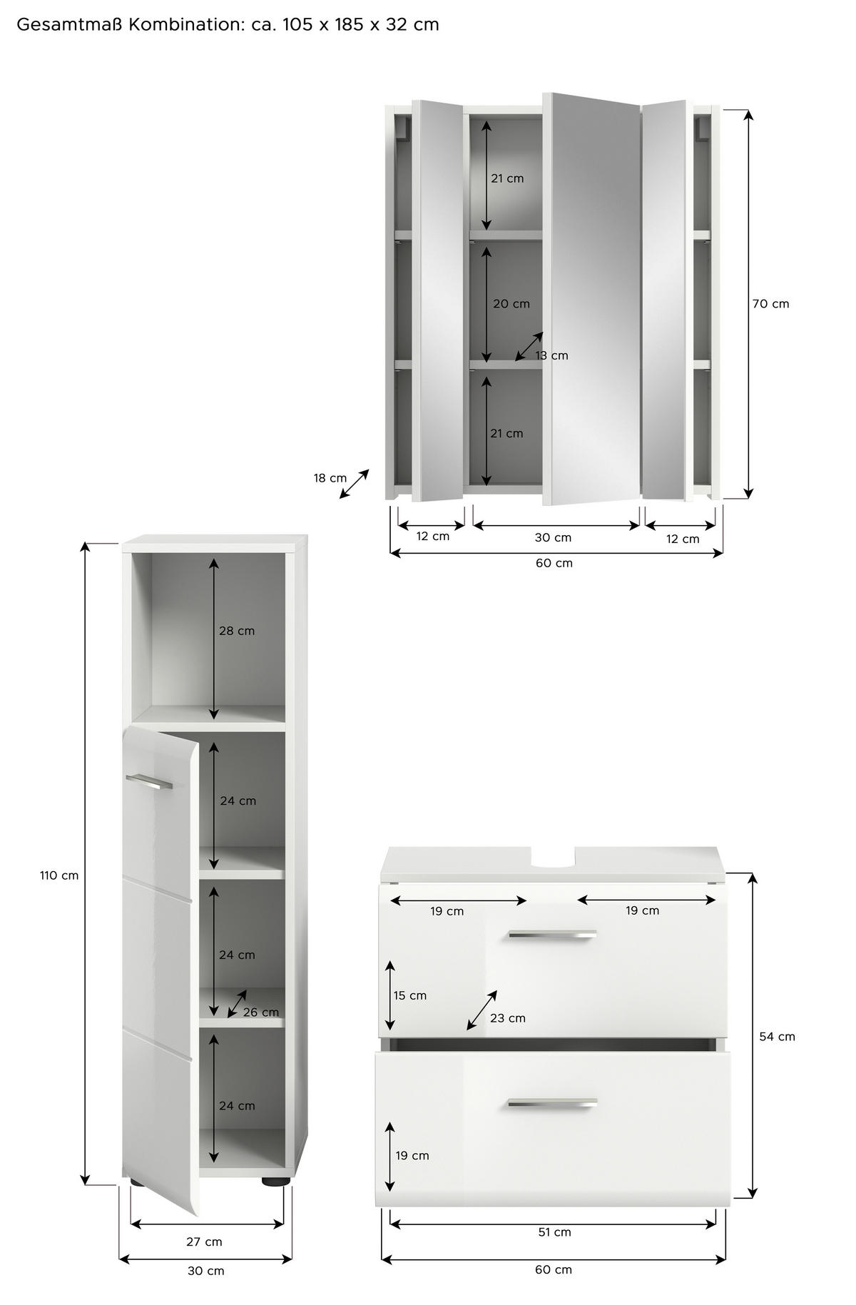 KOUPELNA vysoce lesklá bílá  - barvy stříbra/černá, Moderní, kompozitní dřevo/plast (90cm) - MID.YOU