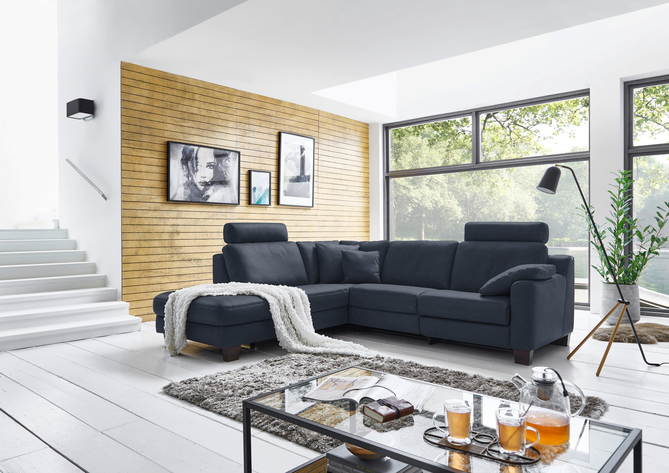 ECKSOFA in Echtleder Dunkelblau  - Eichefarben/Dunkelblau, Design, Leder/Holz (235/259cm) - Valdera