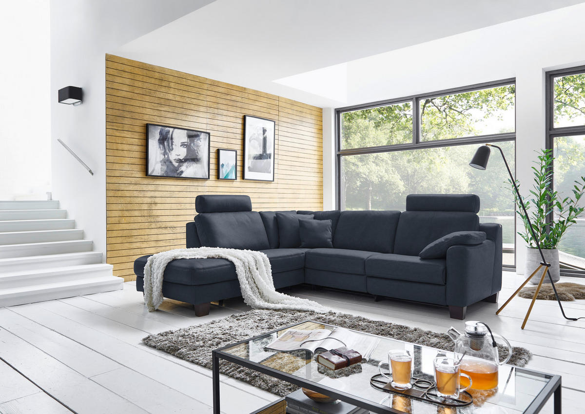 ECKSOFA in Echtleder Dunkelblau  - Eichefarben/Dunkelblau, Design, Leder/Holz (235/259cm) - Valdera