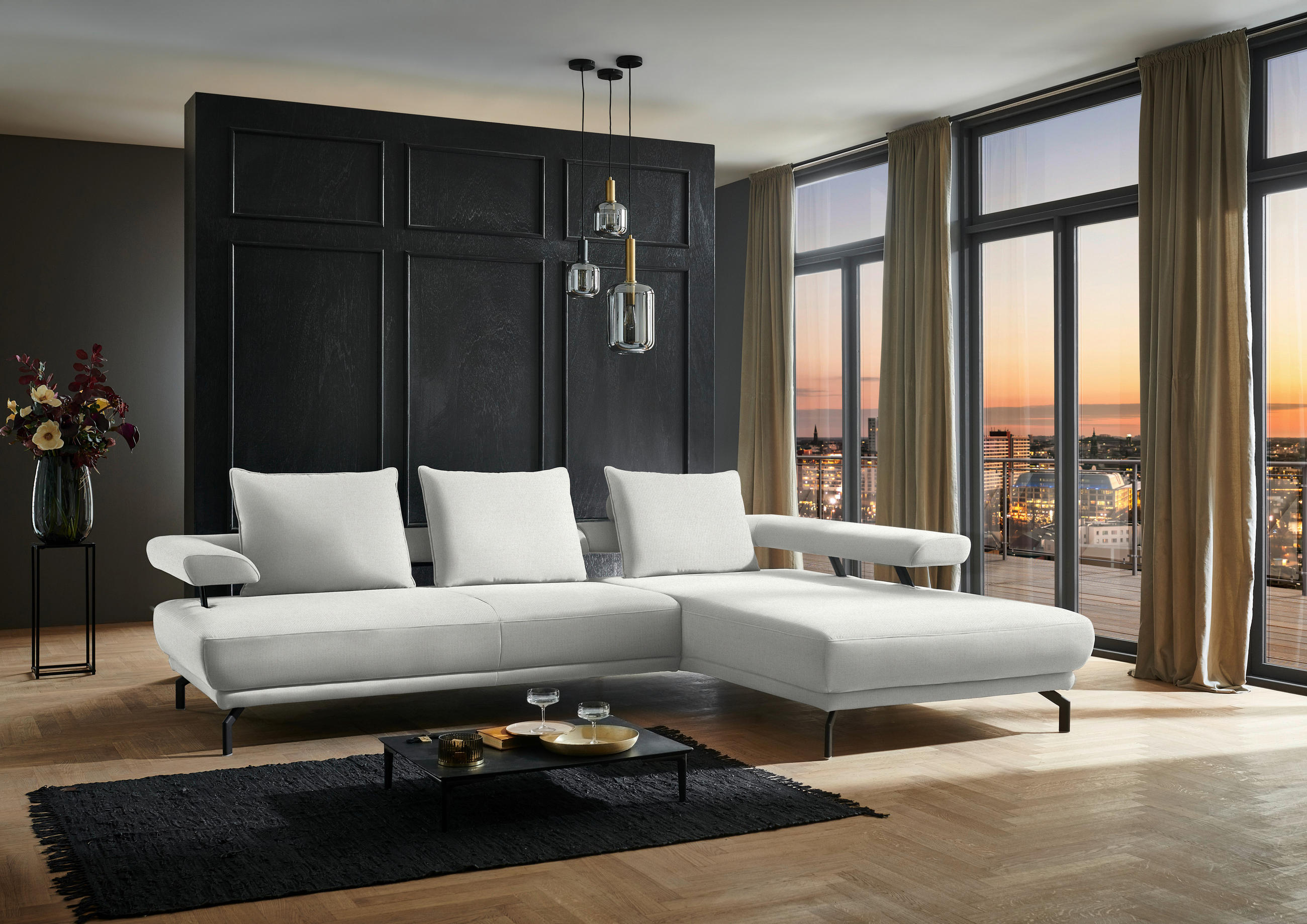 ECKSOFA in Chenille Ecru  - Ecru/Schwarz, Design, Textil/Metall (305/224cm) - Dieter Knoll
