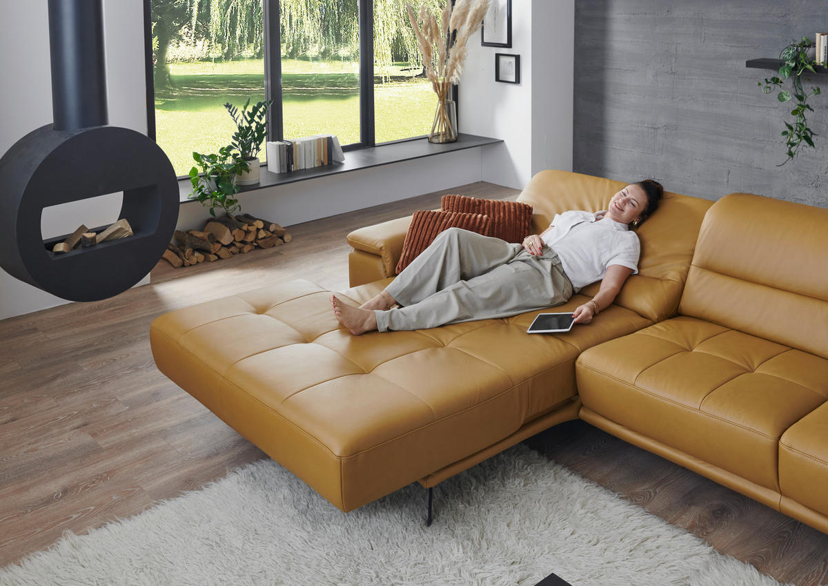 ECKSOFA Echtleder Currygelb  - Currygelb/Schwarz, Konventionell, Leder/Metall (193/343cm) - Beldomo Premium