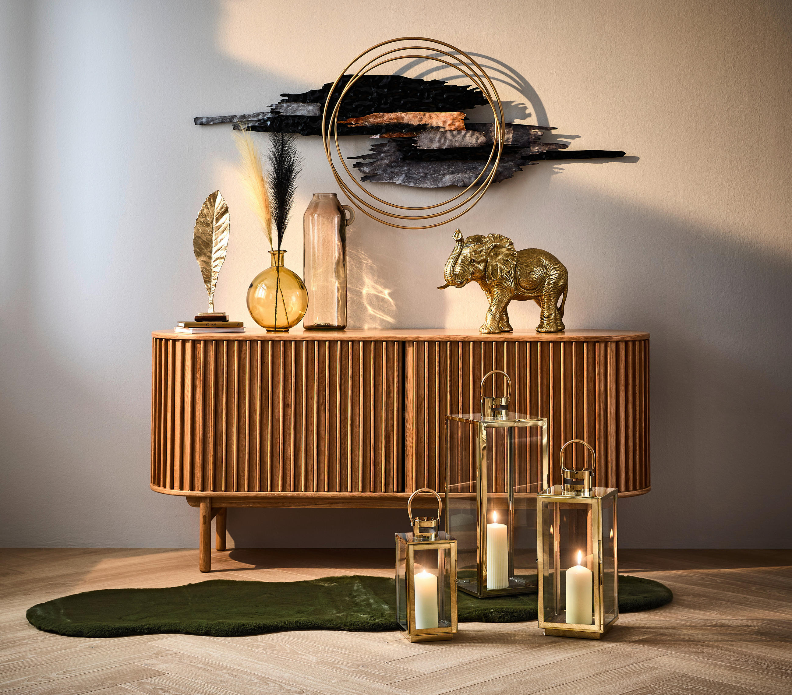 Thumbnail - Ambia Home Laterne, Gold, Metall, Glas, Uni, rechteckig, 23.5x56x22 cm, Glaseinsatz, Dekoration, Windlichter & Laternen,...