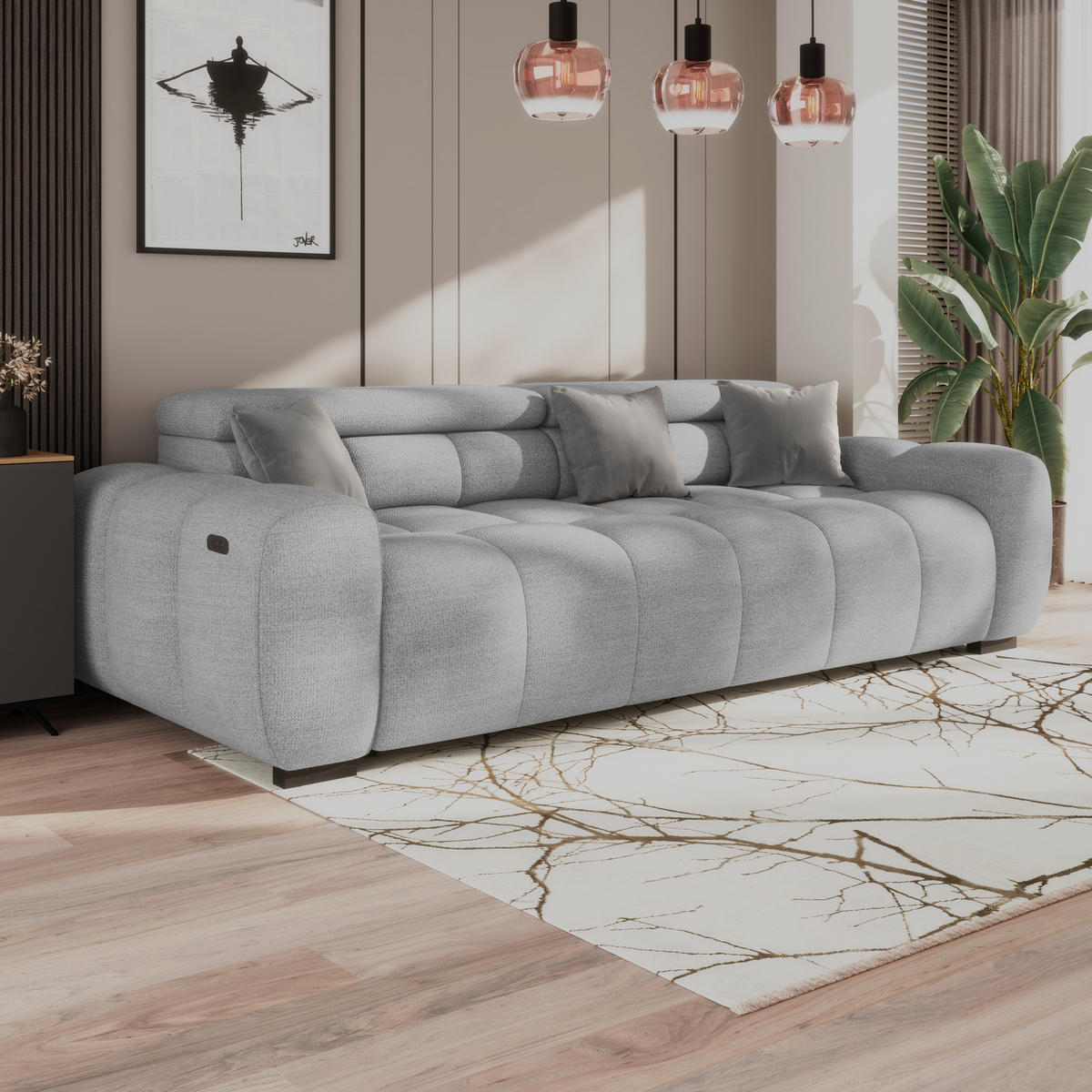 BIGSOFA Webstoff Hellgrau  - Hellgrau/Schwarz, Design, Kunststoff/Textil (248/77-97/108cm) - Welnova