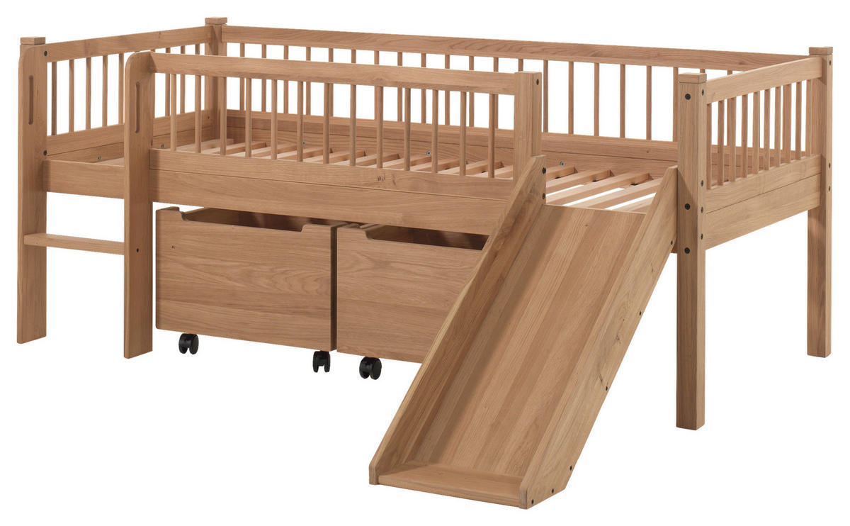 SPIELBETT Absturzsicherung, Leiter, Rutsche, Rollrost, Bettschublade 90/200 cm  in Eichefarben  - Eichefarben/Naturfarben, MODERN, Holz (90/200cm) - MID.YOU