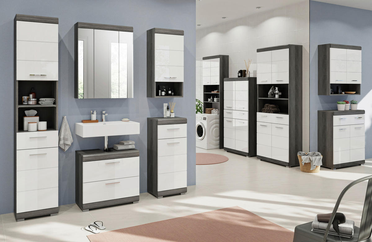 BADEZIMMER 4-teilig  in 97 cm  - Weiß Hochglanz/Grau, MODERN, Holzwerkstoff/Kunststoff (97cm) - MID.YOU