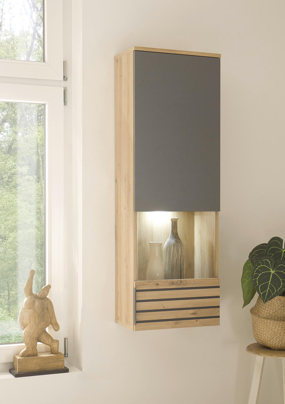 HÄNGEVITRINE in Eiche Artisan, Grau  - Eiche Artisan/Grau, Design, Glas/Holzwerkstoff (40/122/30cm) - MID.YOU