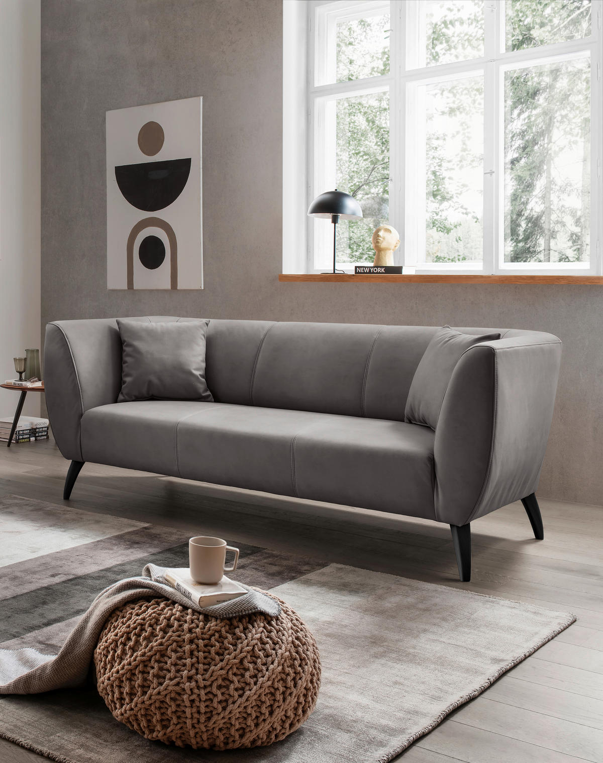 3-SITZER-SOFA in Lederlook Anthrazit  - Anthrazit/Schwarz, Modern, Holz/Textil (208/83/88cm) - Livetastic