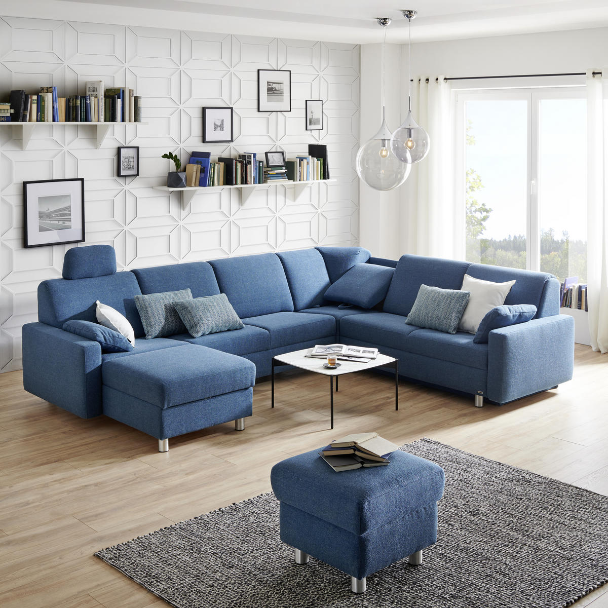 WOHNLANDSCHAFT in Jacquard Blau, Petrol  - Blau/Petrol, KONVENTIONELL, Kunststoff/Textil (158/322/236cm) - Sedda