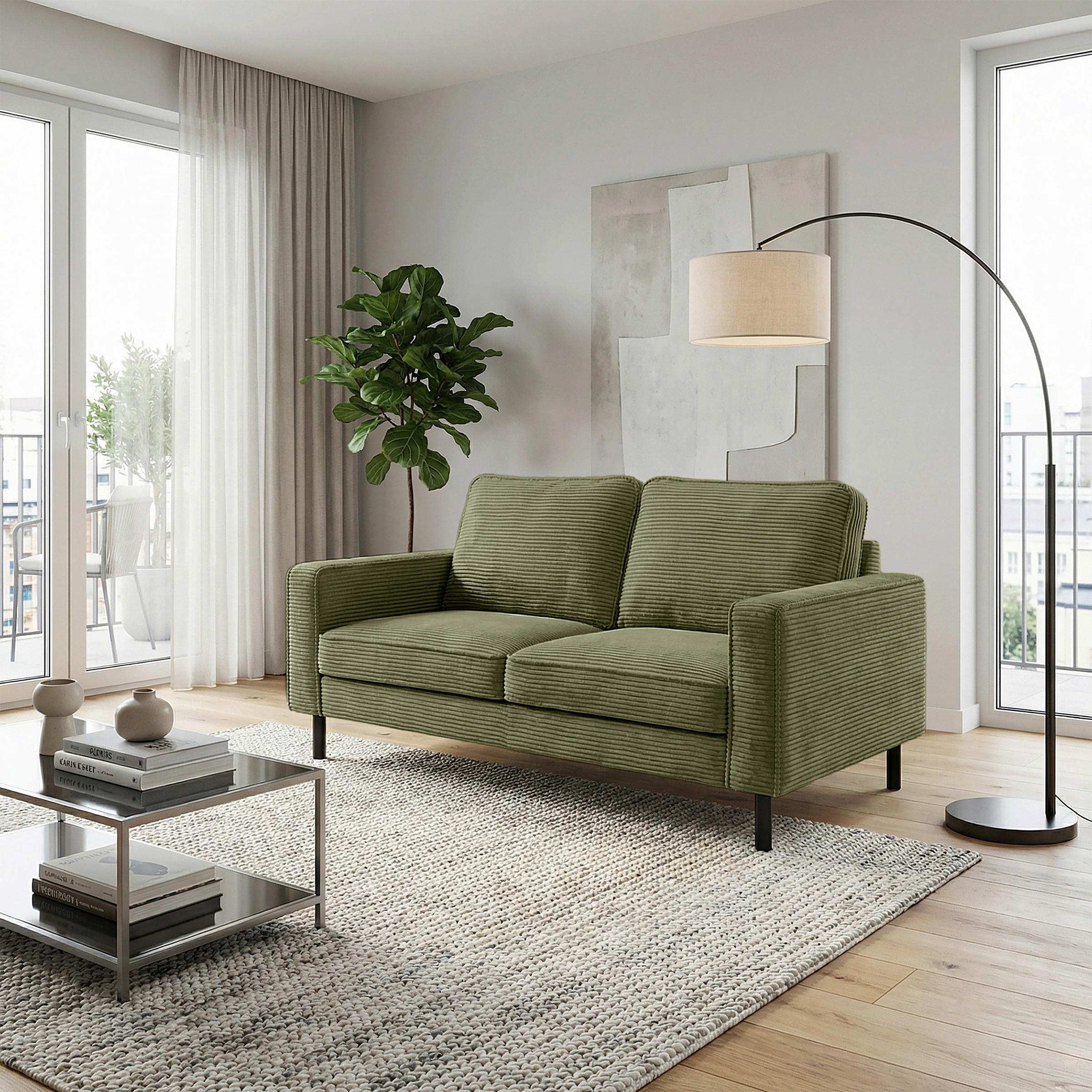 2-SITZER-SOFA Cord Olivgrün  - Schwarz/Olivgrün, Design, Textil/Metall (148/85/92cm) - Livetastic