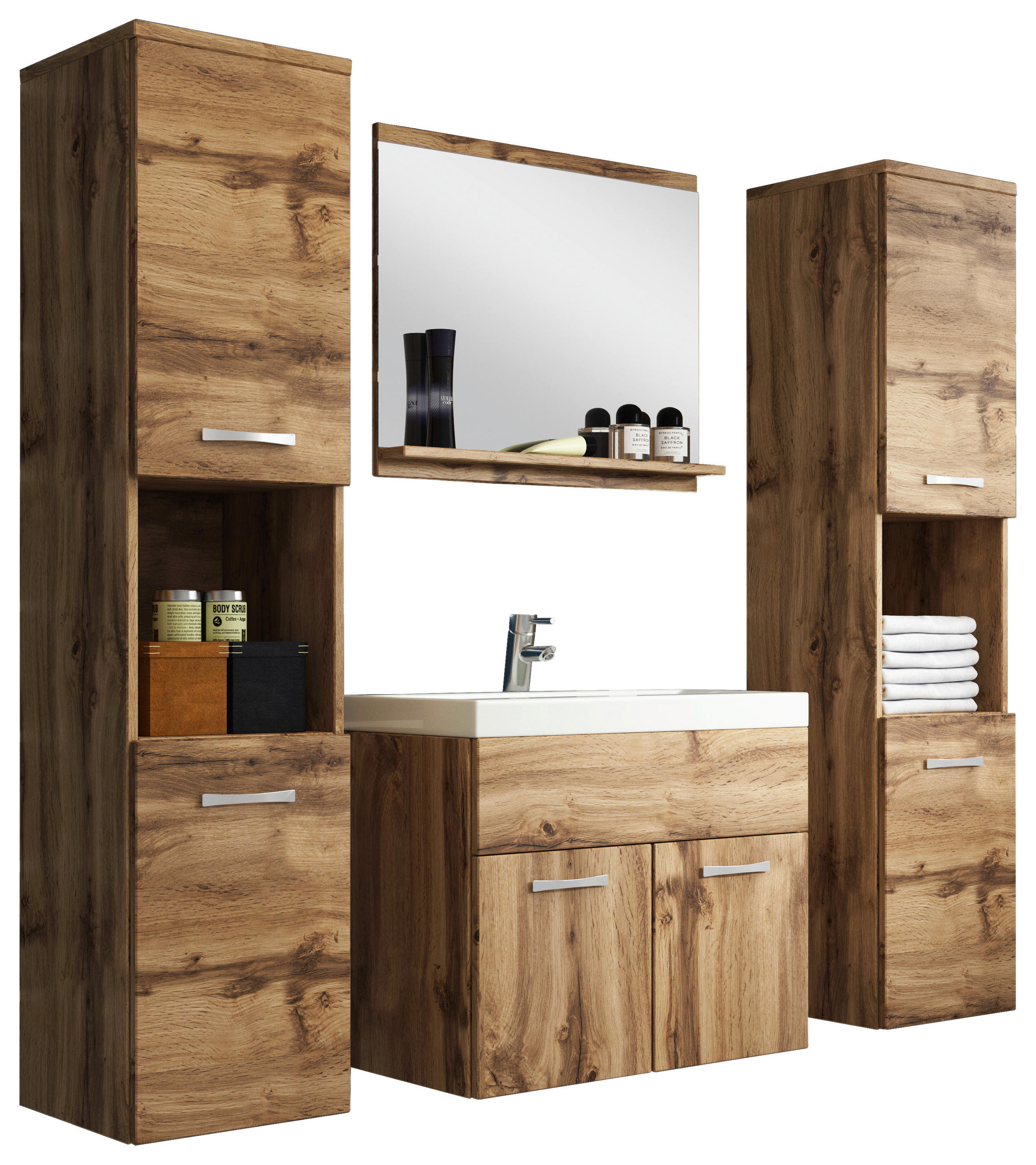 BADEZIMMER 5-teilig  in 120 cm  - Eiche Wotan/Weiß, LIFESTYLE, Holzwerkstoff/Metall (120cm) - P & B