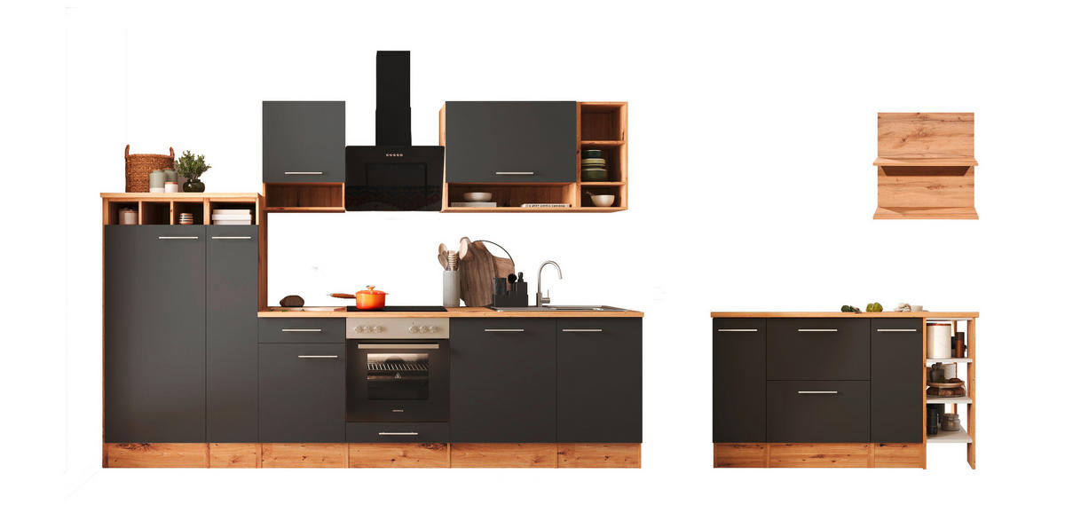 MODULKÖK 310-150 cm   i grå  - skogsek/aluminiumfärg, Design, metall/trämaterial (310-150cm) - Respekta