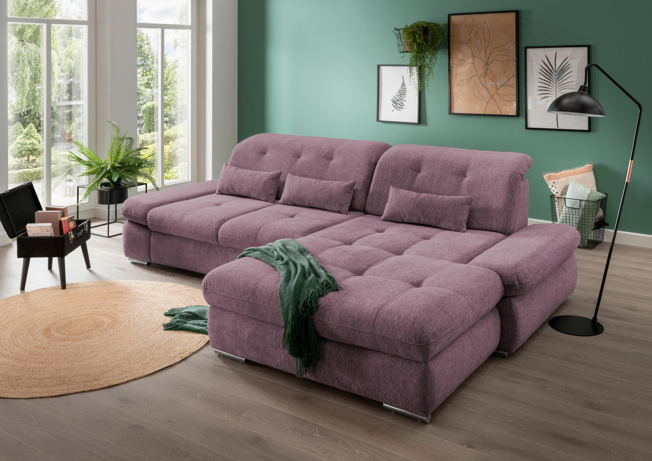 ECKSOFA Brombeere Chenille  - Chromfarben/Brombeere, Design, Textil/Metall (300/196cm) - Livetastic