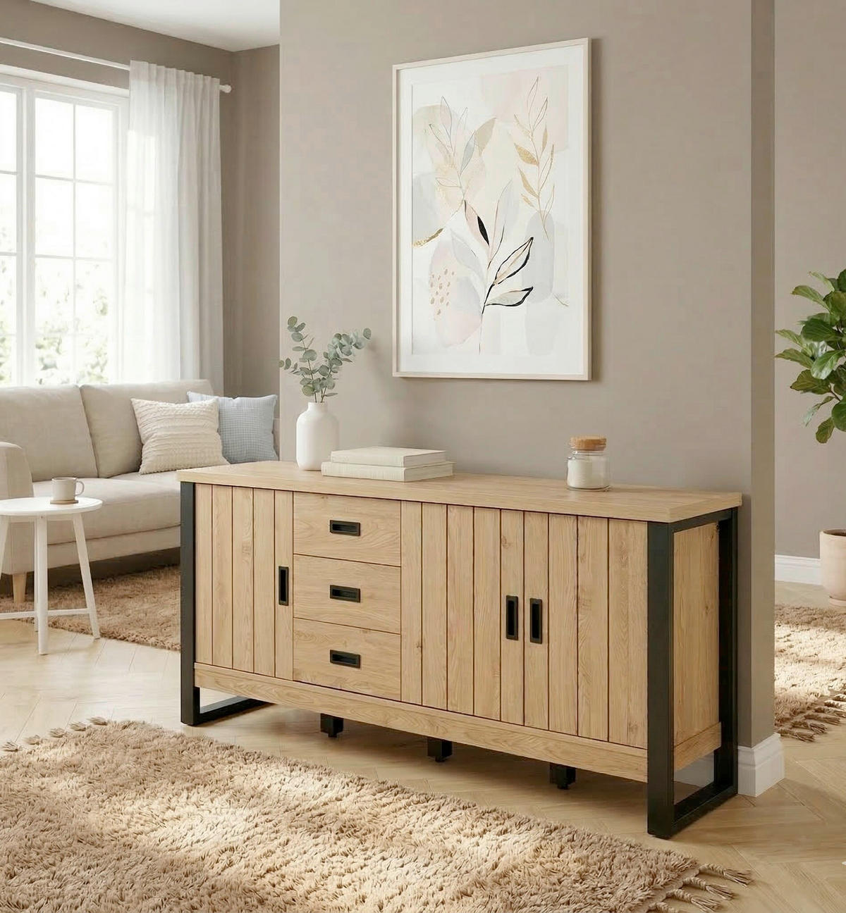 SIDEBOARD  173,4/75/39 cm 3 Schublade(n)  - Eichefarben/Schwarz, KONVENTIONELL, Holzwerkstoff/Metall (173,4/75/39cm) - MID.YOU