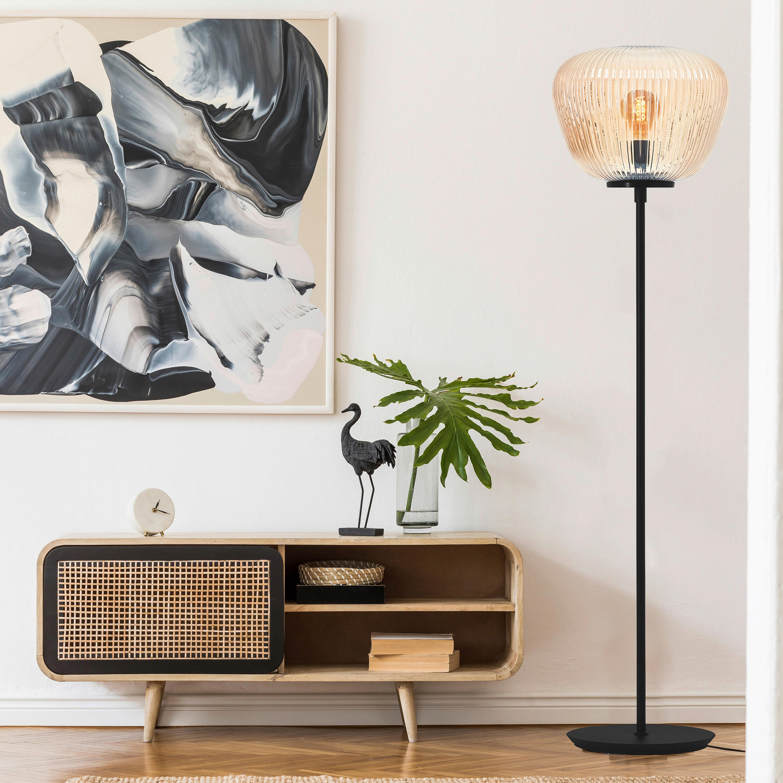 STOJACÍ LAMPA, 35/140 cm  - jantarové barvy/černá, Basics, kov/sklo (35/140cm)