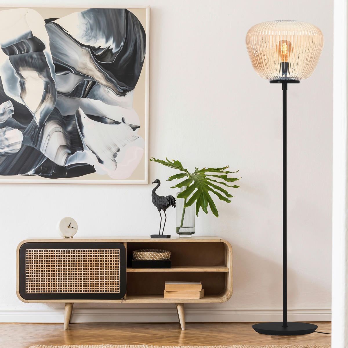STOJACIA LAMPA, 35/140 cm  - čierna/jantárová, Basics, kov/sklo (35/140cm)