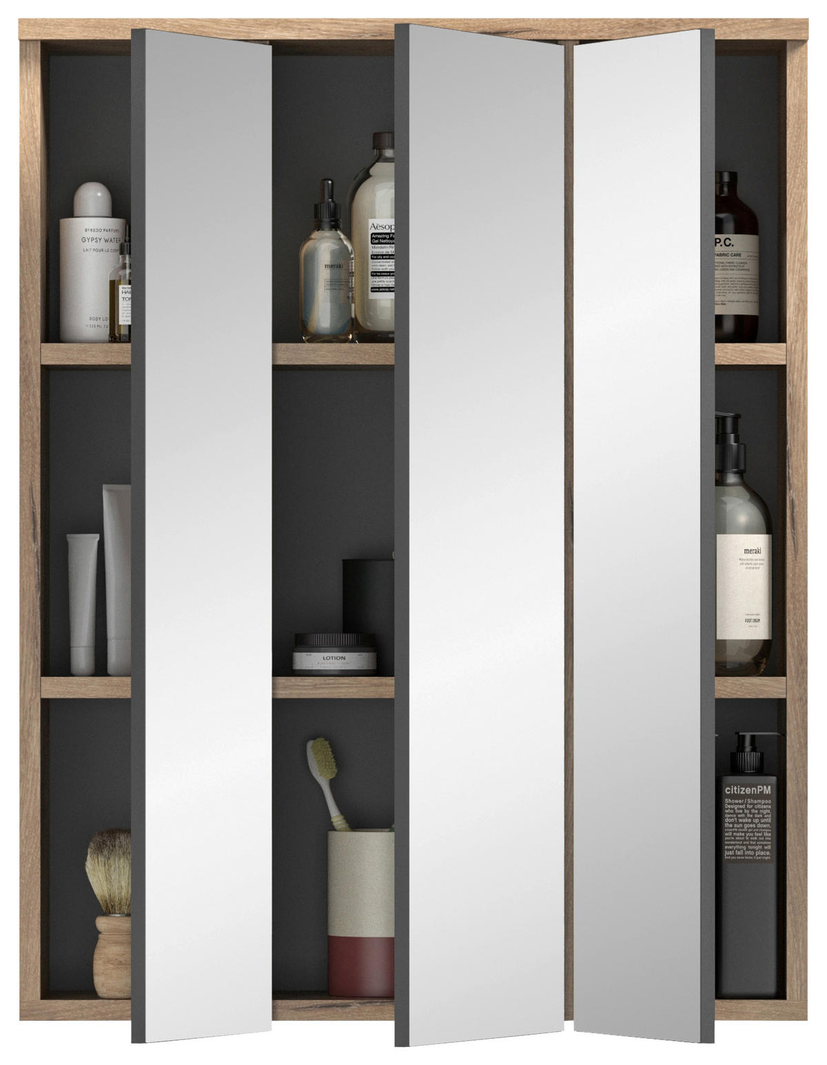 OMARA Z OGLEDALOM 60/77/37 cm  - siva/barve hrasta, Moderno, steklo/leseni material (60/77/37cm) - MID.YOU