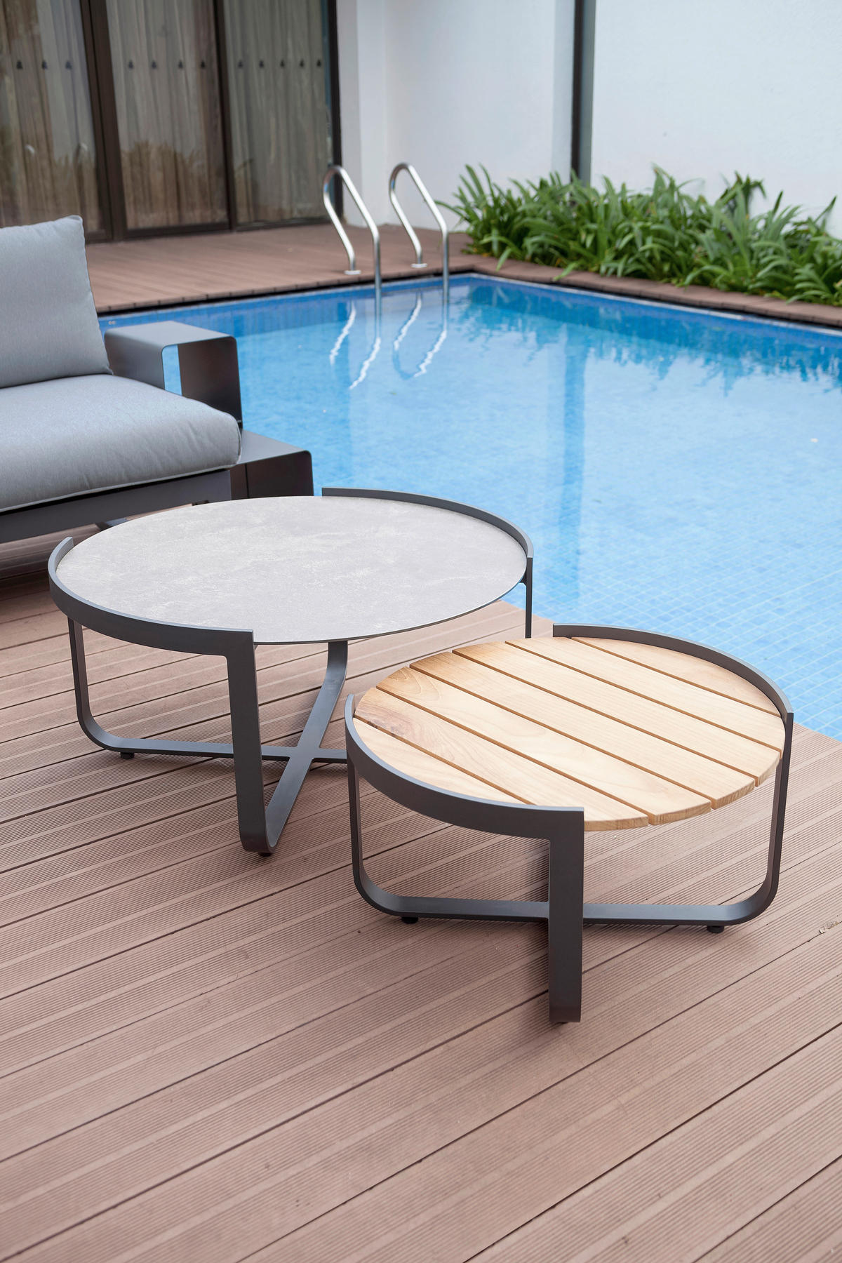 GARTEN-BEISTELLTISCHSET - Anthrazit/Teakfarben, Glas/Holz (60/80/60/80/35,5/40,5cm) - Zebra 