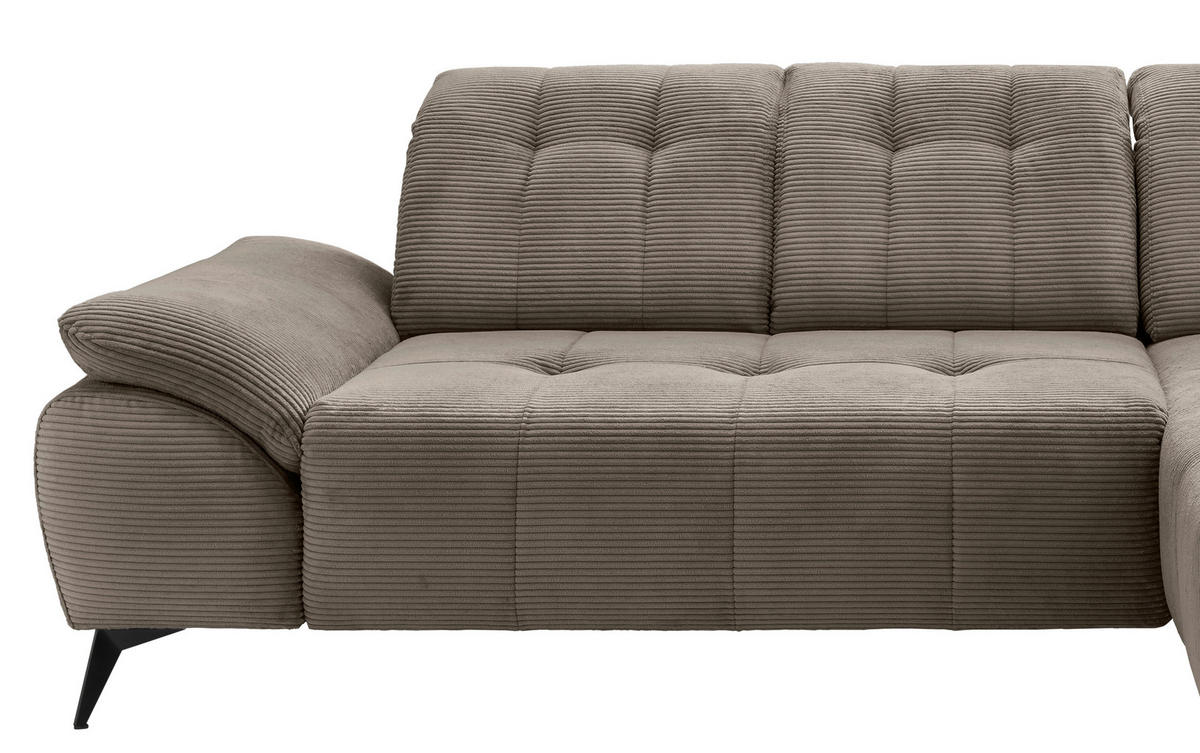 ECKSOFA FIORE in Cord Graubraun Kopfteilverstellung, Sitzvorzug  280/180 cm  - Graubraun/Schwarz, MODERN, Textil/Metall (280/180cm) - Livetastic