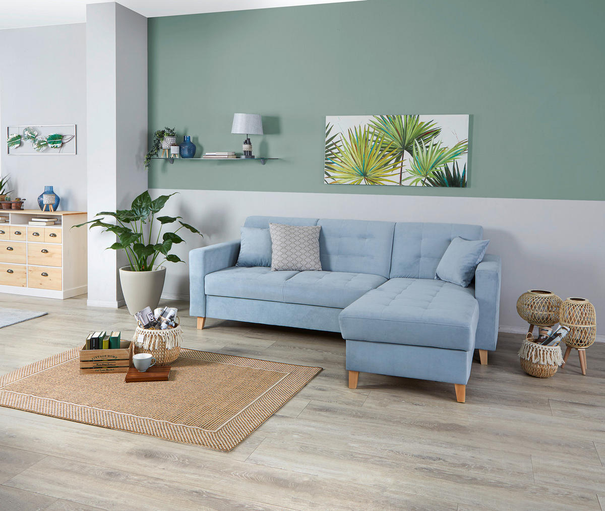 ECKSOFA Hellblau Samt  - Naturfarben/Hellblau, Design, Holz/Textil (231/160cm) - Livetastic