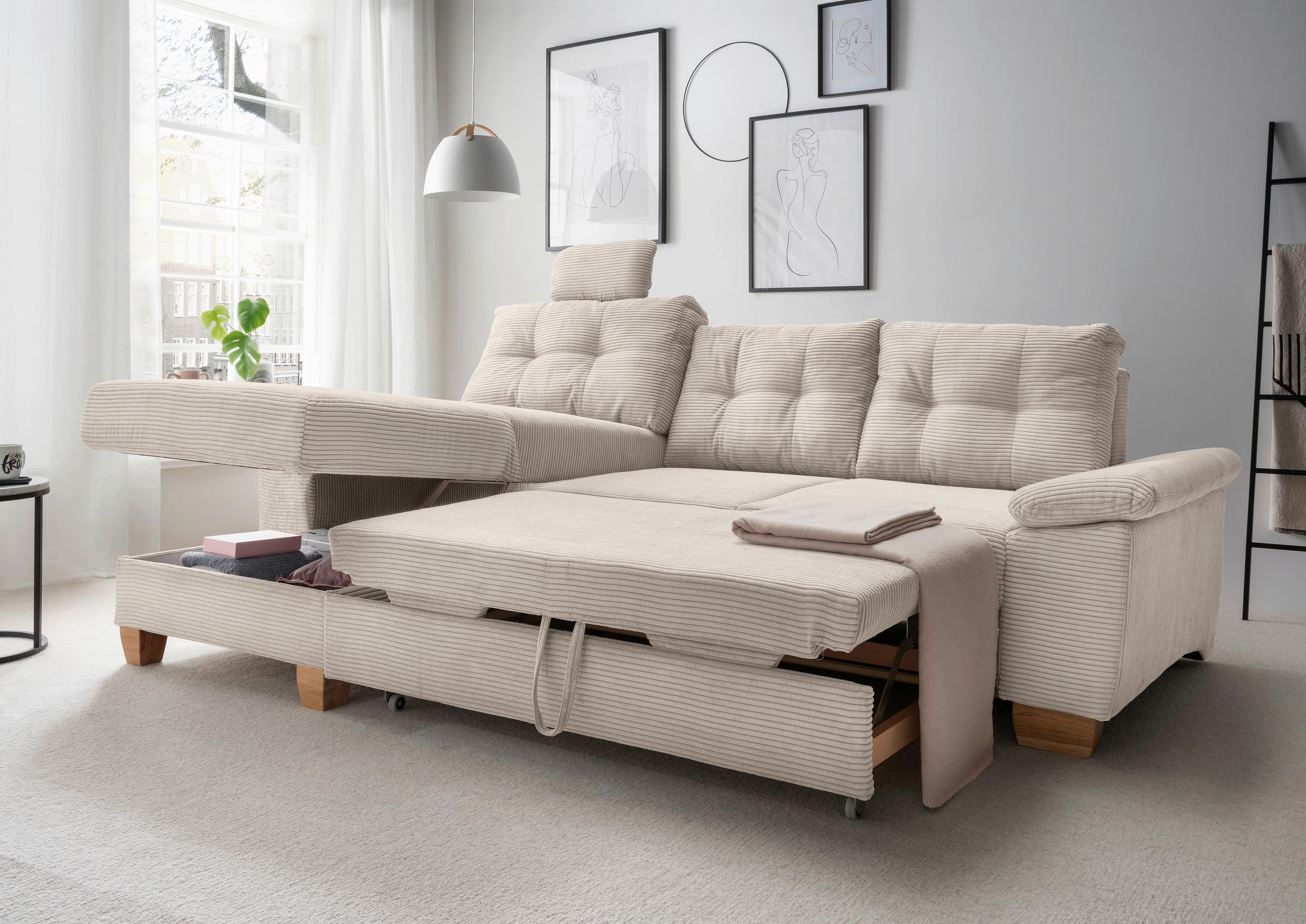 ECKSOFA in Cord Beige  - Beige/Naturfarben, Modern, Holz/Textil (176/270cm) - Livetastic