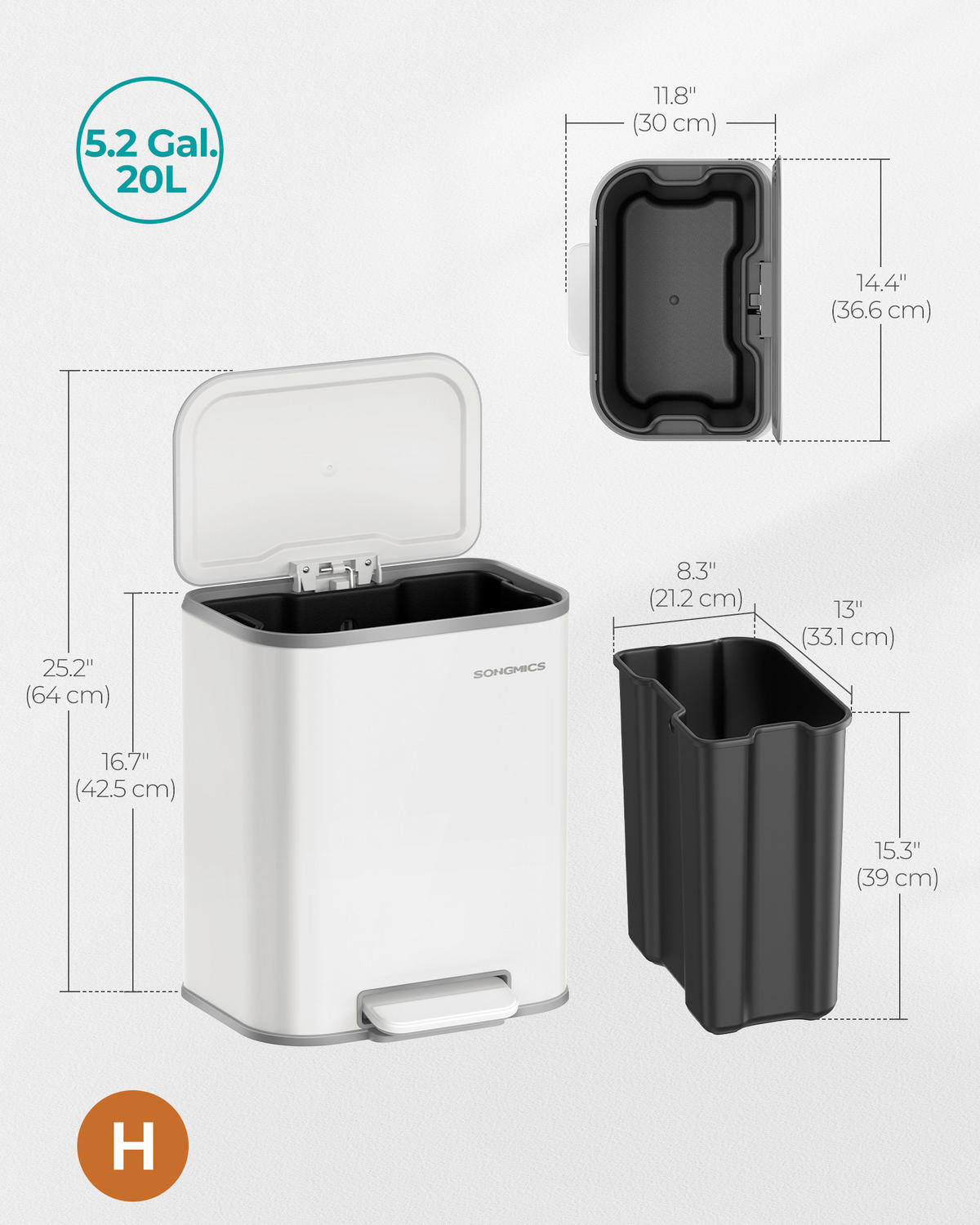 ABFALLSAMMLER 20 l  Metall, Kunststoff  - Weiß, Basics, Kunststoff/Metall (36,6/42,5/30cm)