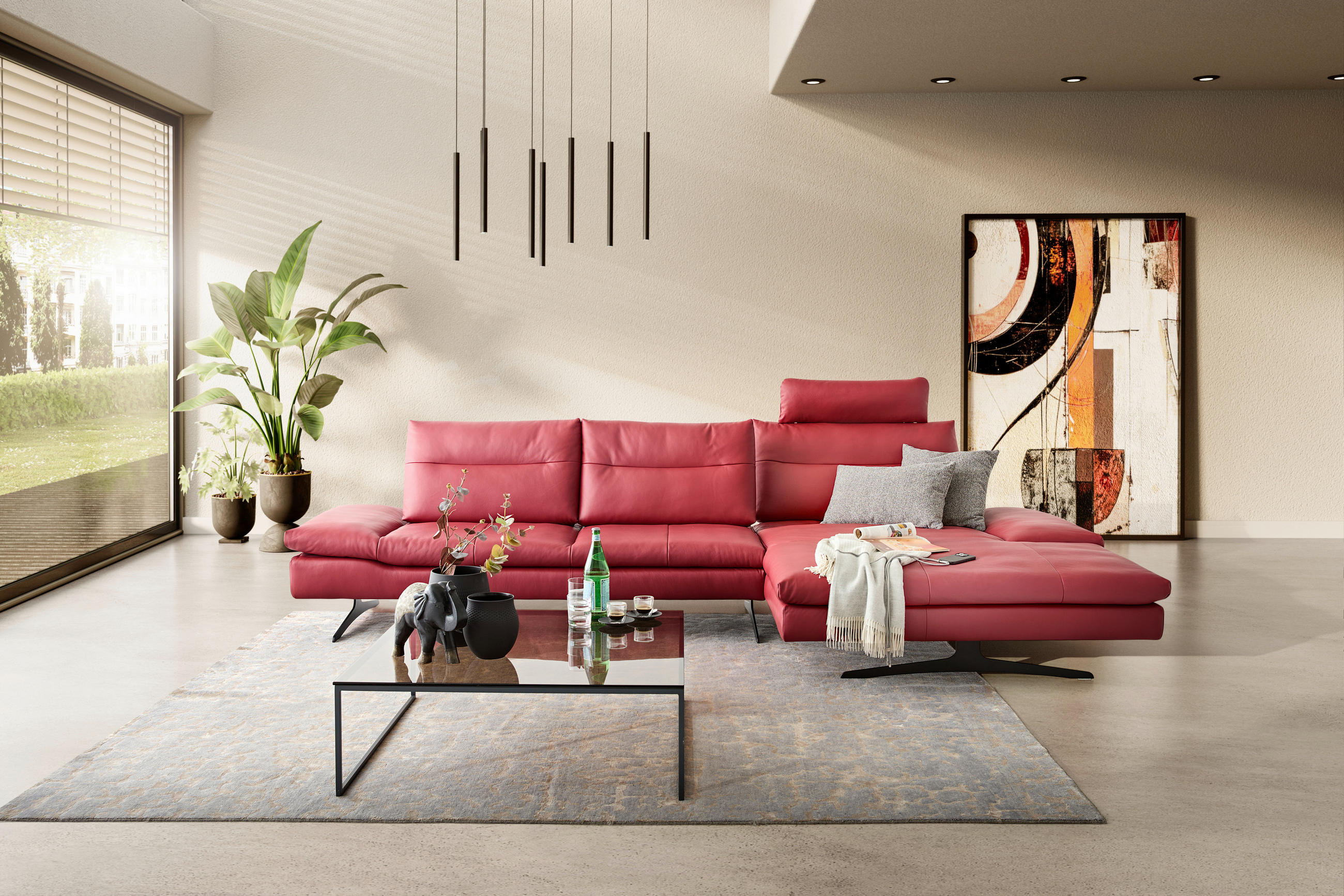 ECKSOFA Rot Echtleder  - Rot/Schwarz, MODERN, Leder/Metall (342/158cm) - Chilliano
