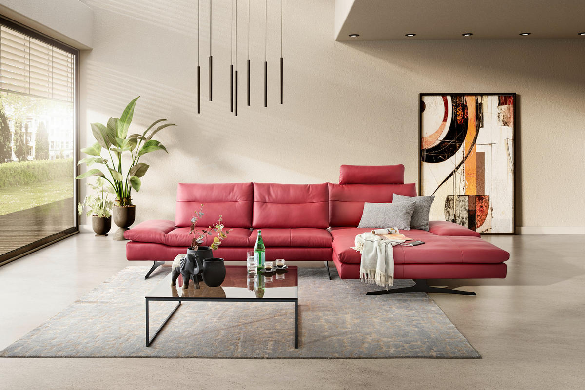 ECKSOFA in Echtleder Rot  - Rot/Schwarz, Modern, Leder/Metall (342/158cm) - Chilliano