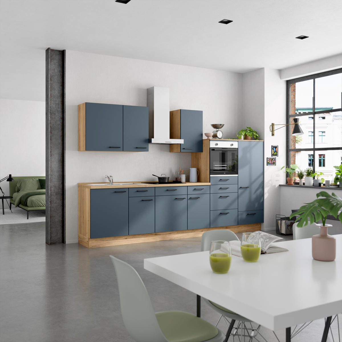 KÜCHENBLOCK Easytouch 330 cm  in Blau, Eichefarben  - Blau/Eichefarben, MODERN, Holzwerkstoff/Metall (330cm) - Nobilia