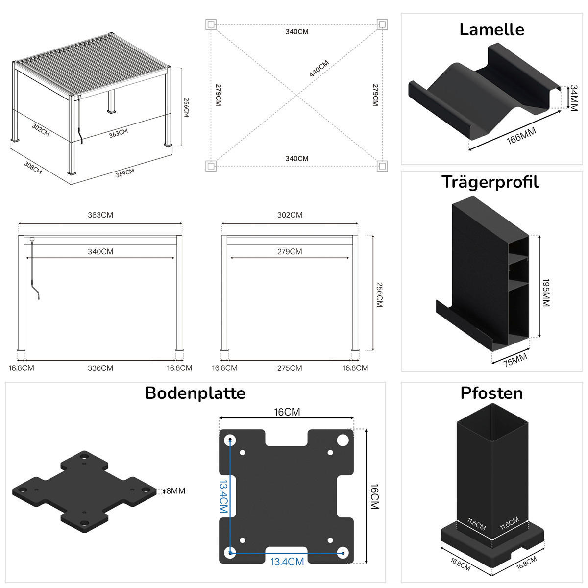 PERGOLA 300/255/360 cm Aluminium  - Weiß Hochglanz, Basics, Metall (300/255/360cm) - Gardenson