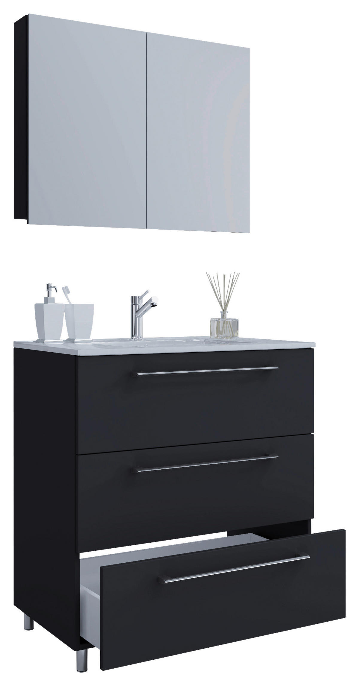 BADEZIMMER 3-teilig  in 80 cm  - Alufarben/Schwarz, MODERN, Keramik/Holzwerkstoff (80cm) - MID.YOU