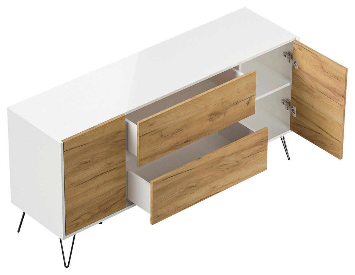 SIDEBOARD Posseik Industrial  in 155/75,8/42 cm  - Eichefarben/Weiß Hochglanz, Design, Holzwerkstoff/Metall (155/75,8/42cm) - P & B