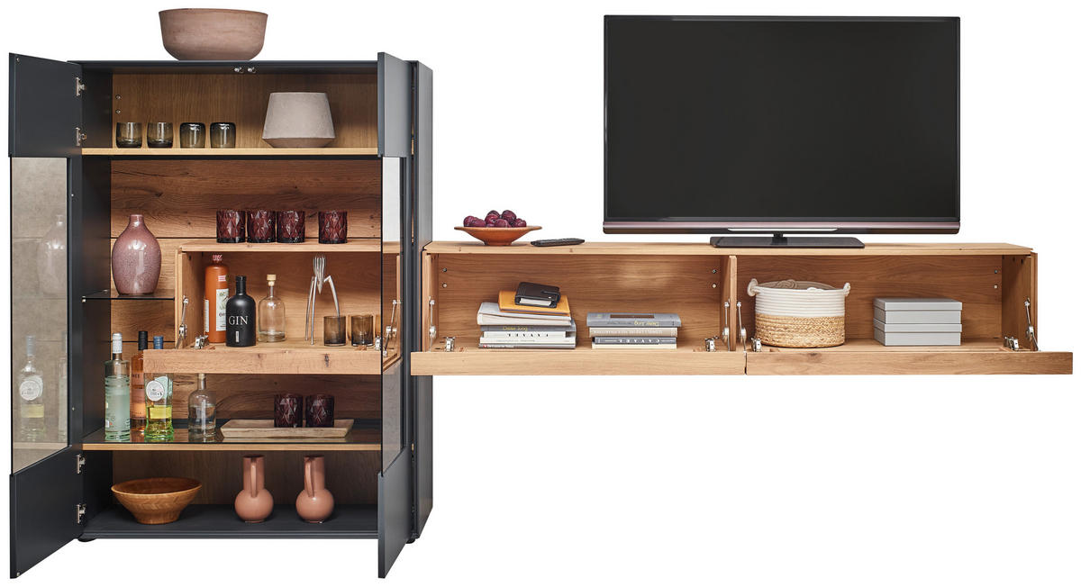 WOHNWAND  in Anthrazit, Eichefarben 299/148/44 cm  - Eichefarben/Anthrazit, Natur, Glas/Holz (299/148/44cm) - Valnatura
