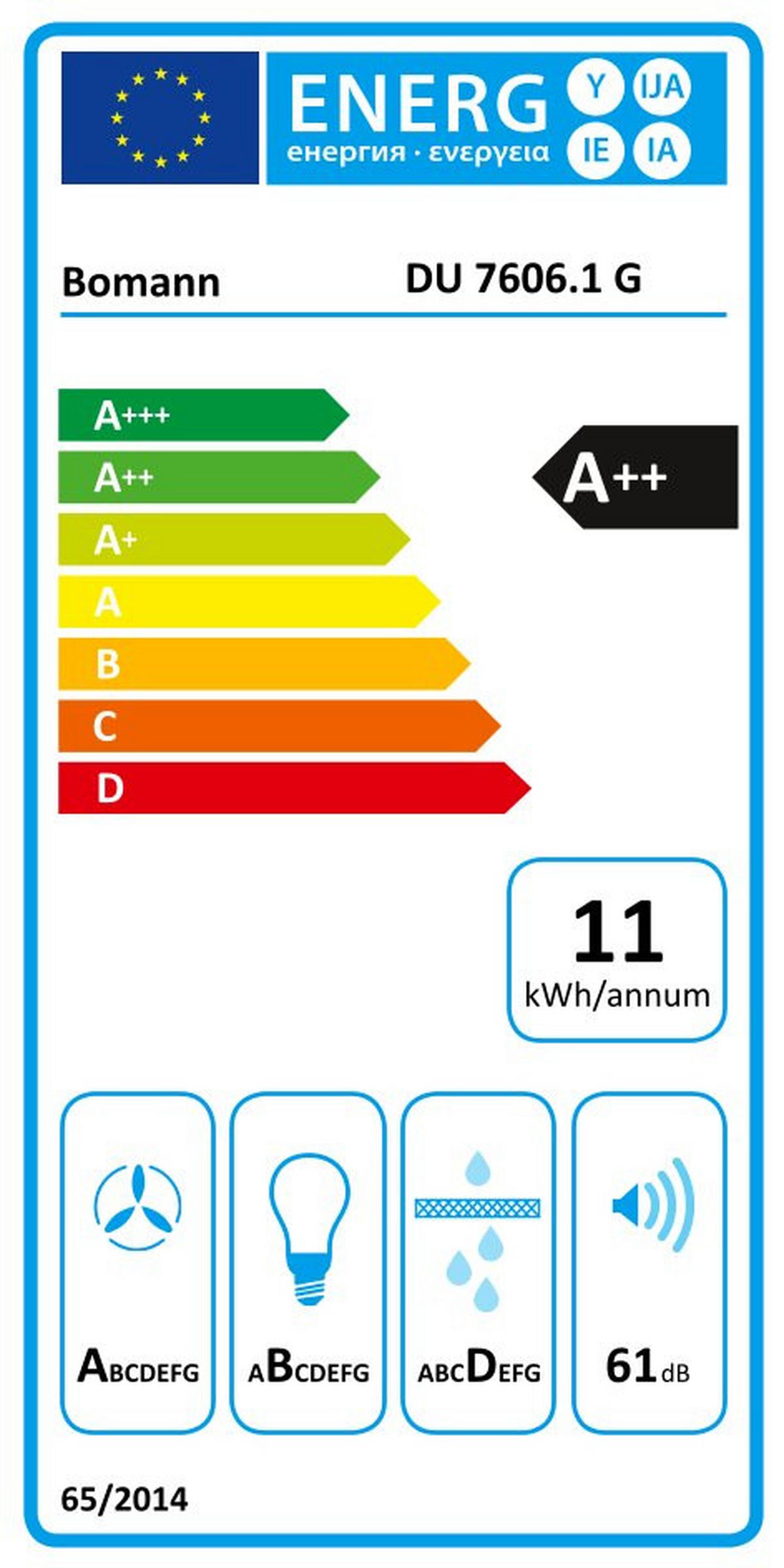 DUNSTABZUGSHAUBE DU 7606.1 G schw. 60cm A++ LED  - Basics, Glas (59,5/109/38,5cm) - Bomann