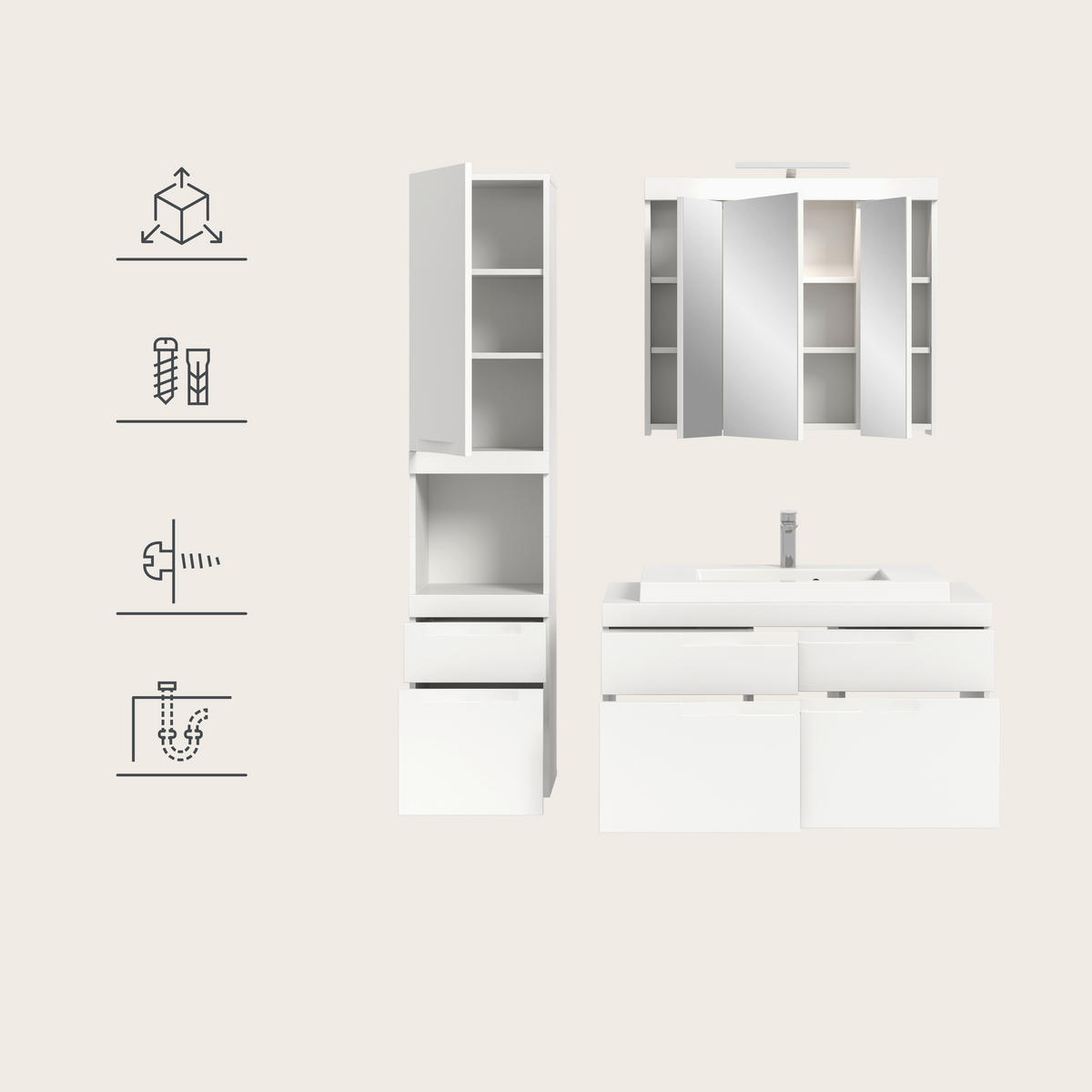 BADEZIMMER 5-teilig  in 153 cm  - Weiß, Trend, Glas/Holzwerkstoff (153cm) - MID.YOU