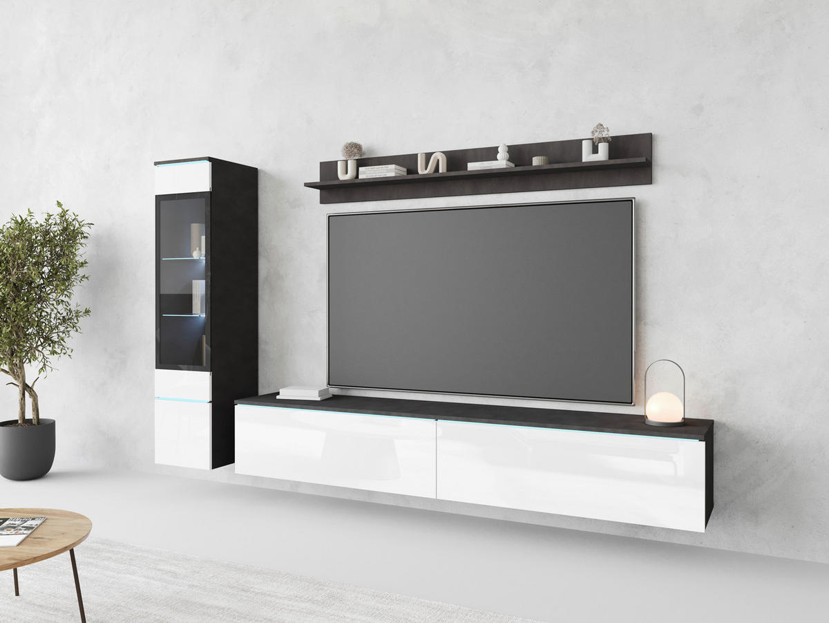 HYLLKOMBINATION 3 delar  i antracit, vit högglans  210/130/33 cm  - vit högglans/grå, Basics, trämaterial/glas (210/130/33cm) - P & B