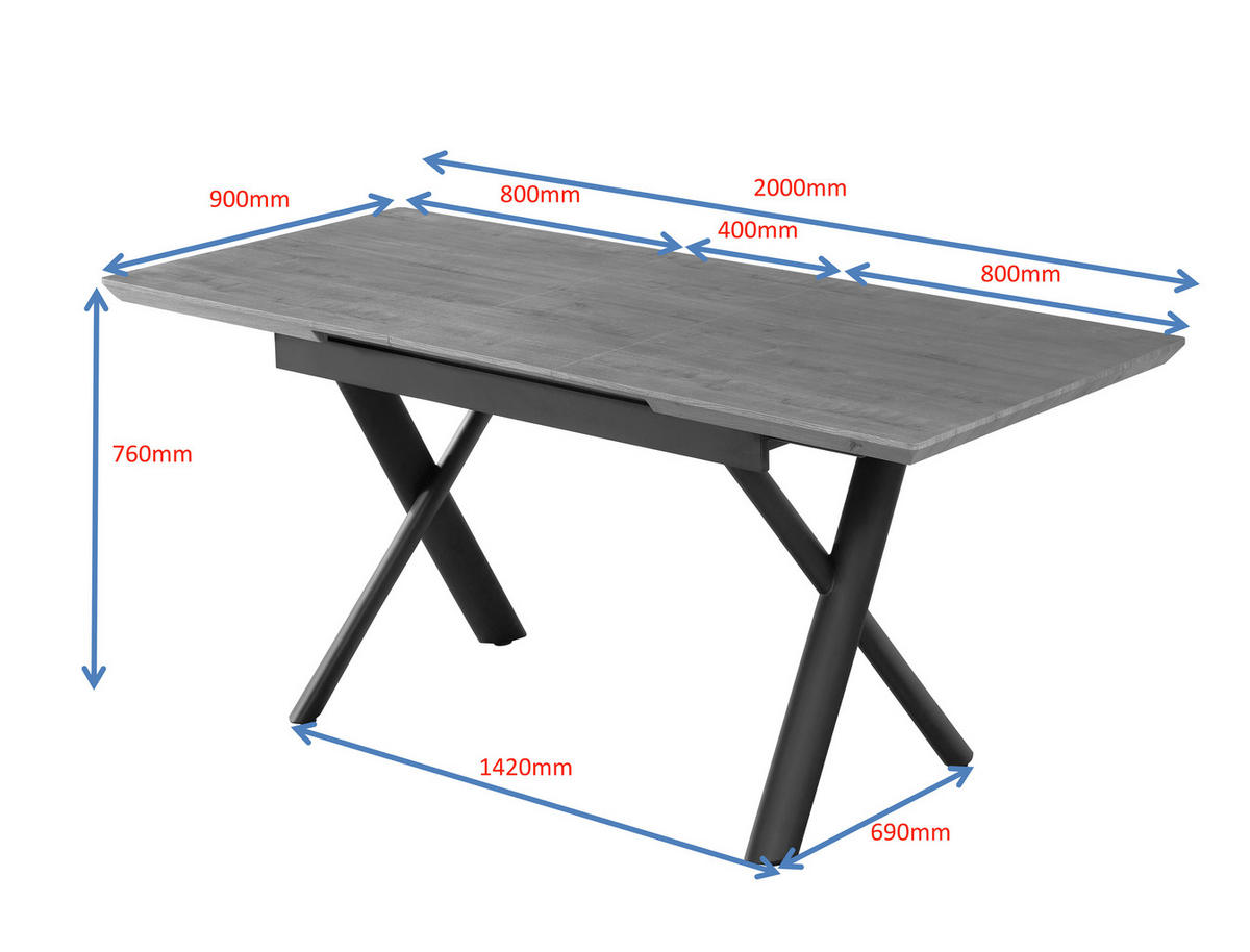 ESSTISCH 200/90/76 cm Nachbildung  Metall, Holzwerkstoff ausziehbar rechteckig Schwarz, Eichefarben  - Eichefarben/Schwarz, MODERN, Holzwerkstoff/Metall (200/90/76cm) - Livetastic
