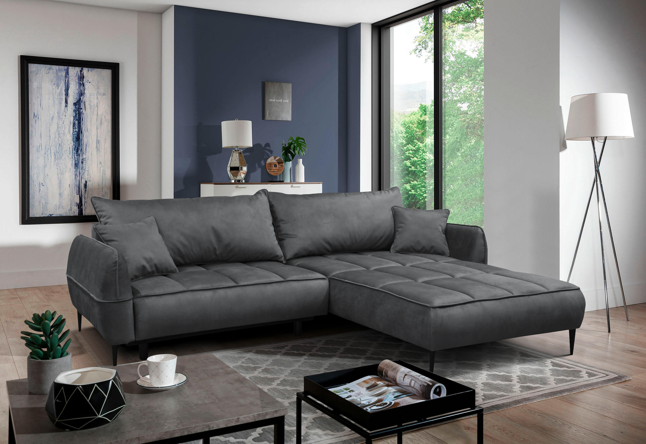 ECKSOFA Grau Velours  - Schwarz/Grau, Design, Textil/Metall (260/189cm) - MID.YOU