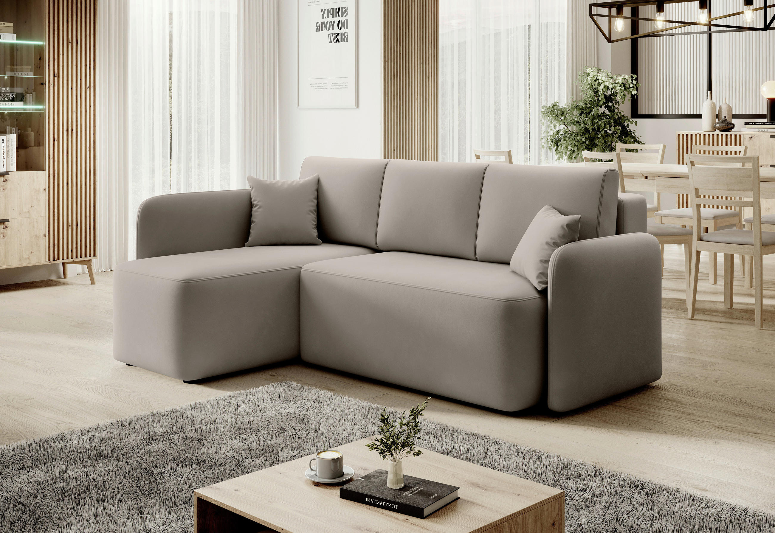 ECKSOFA Plüsch Beige  - Beige/Schwarz, Design, Kunststoff/Textil (150/206cm) - MID.YOU